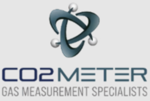 CO2Meter logo: teal abstract emblem above the wordmark ‘CO2Meter’ with a grey subtitle ‘Gas Measurement Specialists’.