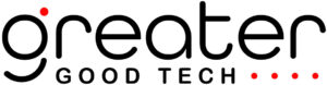 Logo for Greater Good Tech: the word 'greater' in a rounded black type with a small red dot accent above the 'g' and the words 'GOOD TECH' beneath, separated by red dots.
