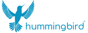 Blue hummingbird silhouette with wings spread above the word 'hummingbird' in blue — a branding logo.