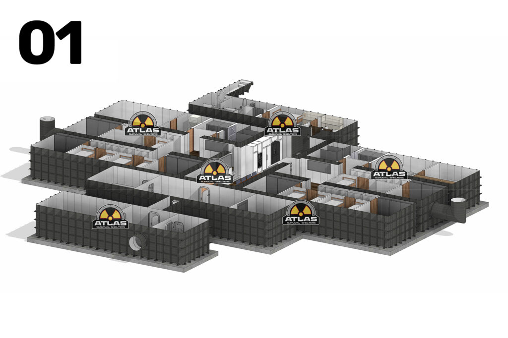 Isometric layout of interconnected ATLAS Survival Shelters modules, showing bunkers, rooms, doors, and corridors with the '01' graphic in the top-left corner.